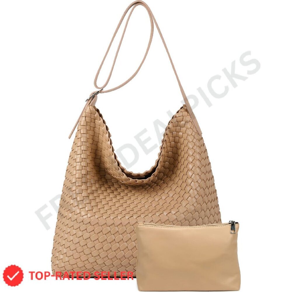 Woven Vegan Leather Tote Bag Large Travel Handbag Adjustable Strap Boho Chic